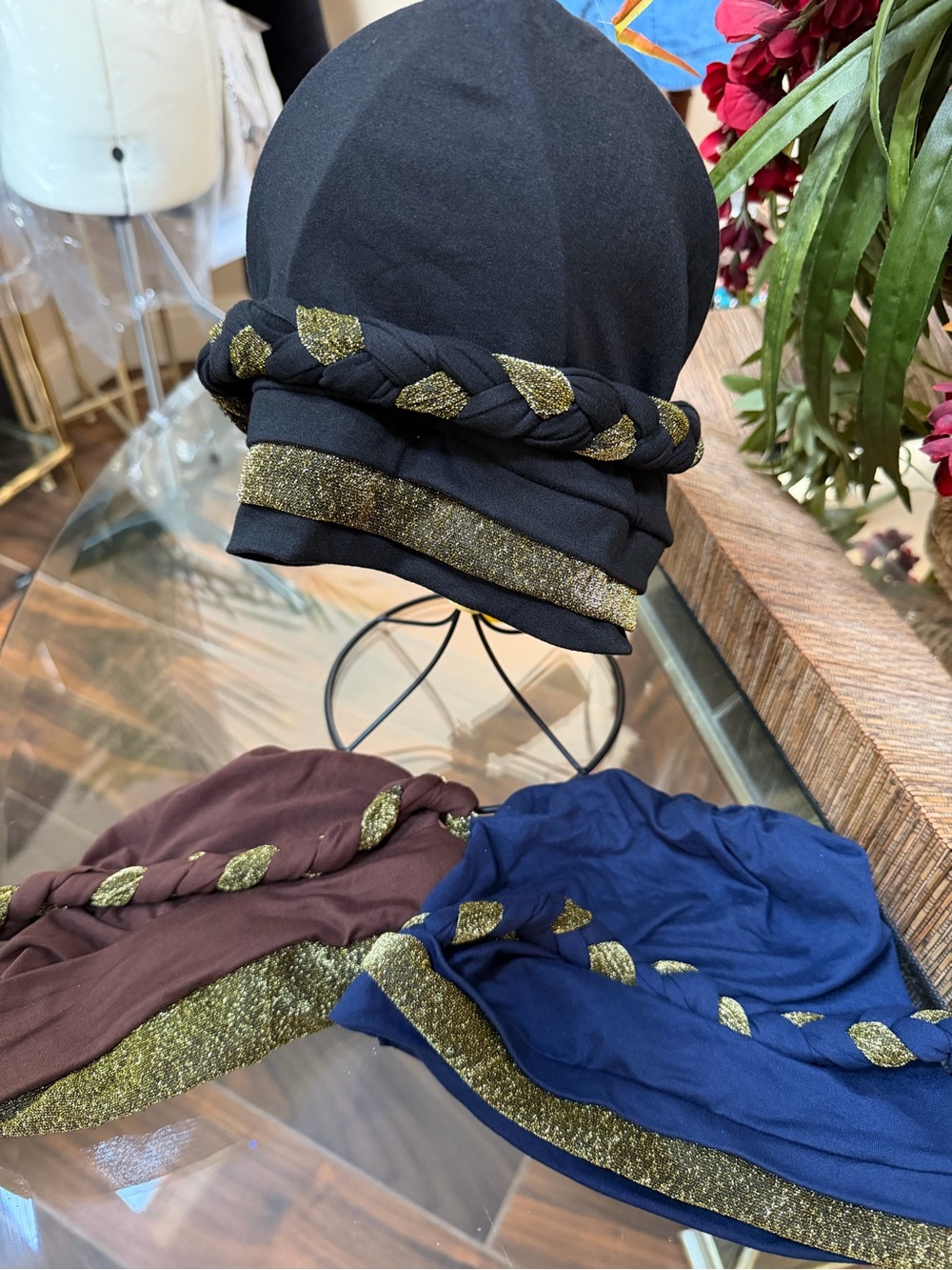 New Bundle of 3 Women's Glitter Braided Turban African Headscarf HeadWrap Hat